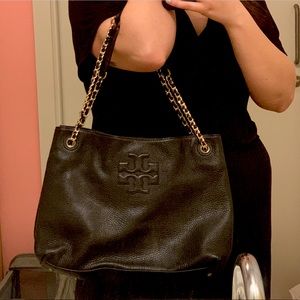 Black Leather Slouchy Tory Burch Bag with Chains